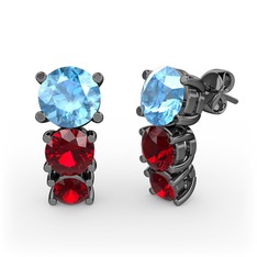 Akuamarin ve garnet 925 ayar siyah rodyum kaplama gümüş küpe