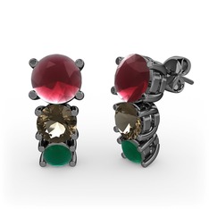 Scala Küpe - Kök yakut, dumanlı kuvars ve kök zümrüt 925 ayar siyah rodyum kaplama gümüş küpe #2jhqqq