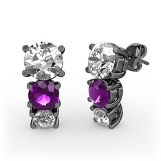 Pırlanta, ametist ve swarovski 925 ayar siyah rodyum kaplama gümüş küpe (1 karat)