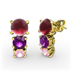 Scala Küpe - Kök yakut, ametist ve pembe kuvars 18 ayar altın küpe #2n4yvk