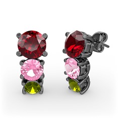 Garnet, pembe kuvars ve peridot 925 ayar siyah rodyum kaplama gümüş küpe