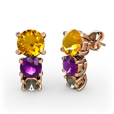 Scala Küpe - Sitrin, ametist ve dumanlı kuvars 18 ayar rose altın küpe #3tftrp