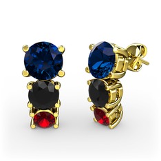 Lab safir, siyah zirkon ve garnet 14 ayar altın küpe