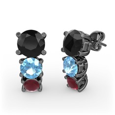 Scala Küpe - Siyah zirkon, akuamarin ve kök yakut 925 ayar siyah rodyum kaplama gümüş küpe #5q0ut5