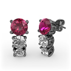 Rodolit garnet, pırlanta ve swarovski 925 ayar siyah rodyum kaplama gümüş küpe (0.48 karat)