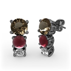 Scala Küpe - Dumanlı kuvars, kök yakut ve swarovski 925 ayar siyah rodyum kaplama gümüş küpe #6e7zws