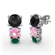 Siyah zirkon, pembe kuvars ve kök zümrüt 8 ayar beyaz altın küpe