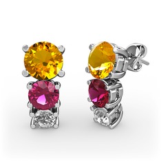 Sitrin, rodolit garnet ve pırlanta 8 ayar beyaz altın küpe (0.22 karat)