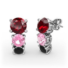 Garnet, pembe kuvars ve siyah zirkon 14 ayar beyaz altın küpe