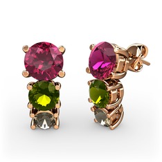 Scala Küpe - Rodolit garnet, peridot ve dumanlı kuvars 8 ayar rose altın küpe #999qpg