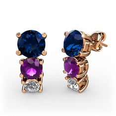 Lab safir, ametist ve swarovski 18 ayar rose altın küpe