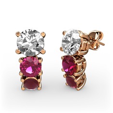 Beyaz zirkon, rodolit garnet ve kök yakut 18 ayar rose altın küpe