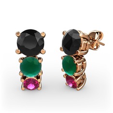 Siyah zirkon, kök zümrüt ve rodolit garnet 8 ayar rose altın küpe