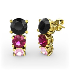 Scala Küpe - Siyah zirkon, rodolit garnet ve pembe kuvars 8 ayar altın küpe #b4yllv