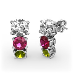 Pırlanta, rodolit garnet ve peridot 8 ayar beyaz altın küpe (1 karat)
