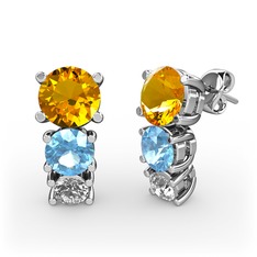 Sitrin, akuamarin ve swarovski 8 ayar beyaz altın küpe