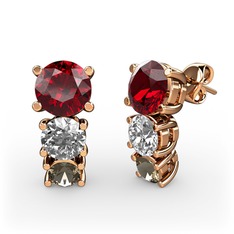 Garnet, pırlanta ve dumanlı kuvars 14 ayar rose altın küpe (0.48 karat)