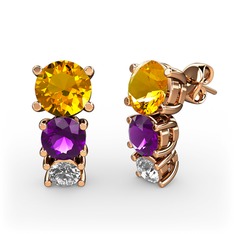 Scala Küpe - Sitrin, ametist ve pırlanta 18 ayar rose altın küpe (0.22 karat) #c53xah