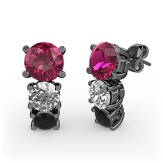 Rodolit garnet, beyaz zirkon ve siyah zirkon 925 ayar siyah rodyum kaplama gümüş küpe