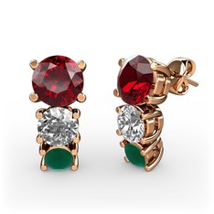 Garnet, swarovski ve kök zümrüt 14 ayar rose altın küpe