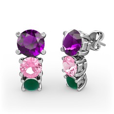 Ametist, pembe kuvars ve kök zümrüt 8 ayar beyaz altın küpe