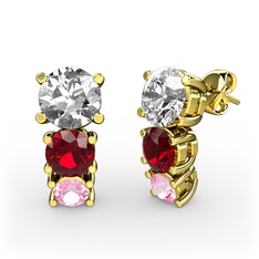 Swarovski, garnet ve pembe kuvars 8 ayar altın küpe