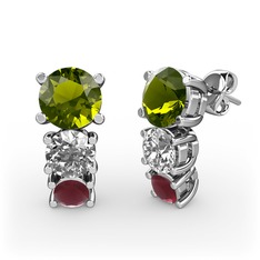 Peridot, swarovski ve kök yakut 14 ayar beyaz altın küpe