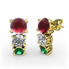 Scala Küpe - Kök yakut, beyaz zirkon ve yeşil kuvars 14 ayar altın küpe #eda29w