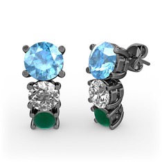 Scala Küpe - Akuamarin, beyaz zirkon ve kök zümrüt 925 ayar siyah rodyum kaplama gümüş küpe #erp605