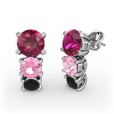 Rodolit garnet, pembe kuvars ve siyah zirkon 18 ayar beyaz altın küpe