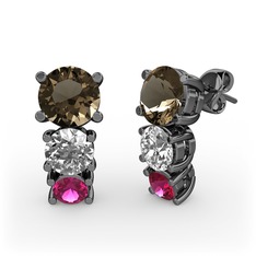 Dumanlı kuvars, pırlanta ve rodolit garnet 925 ayar siyah rodyum kaplama gümüş küpe (0.48 karat)