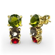 Peridot, dumanlı kuvars ve garnet 14 ayar altın küpe