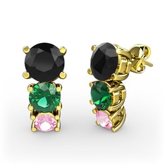 Scala Küpe - Siyah zirkon, yeşil kuvars ve pembe kuvars 8 ayar altın küpe #gclepr