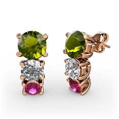 Peridot, beyaz zirkon ve rodolit garnet 14 ayar rose altın küpe