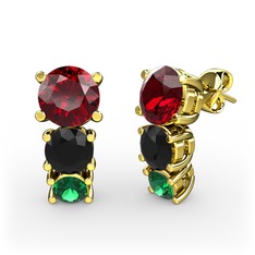 Scala Küpe - Garnet, siyah zirkon ve yeşil kuvars 18 ayar altın küpe #haha0j