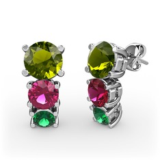 Peridot, rodolit garnet ve yeşil kuvars 18 ayar beyaz altın küpe