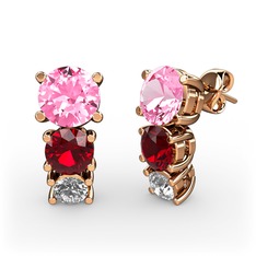 Pembe kuvars, garnet ve beyaz zirkon 8 ayar rose altın küpe