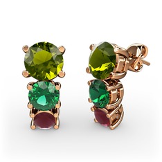 Peridot, yeşil kuvars ve kök yakut 14 ayar rose altın küpe