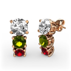 Beyaz zirkon, peridot ve garnet 8 ayar rose altın küpe