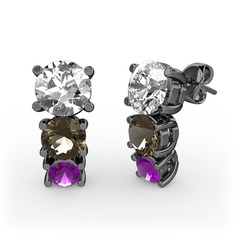 Scala Küpe - Beyaz zirkon, dumanlı kuvars ve ametist 925 ayar siyah rodyum kaplama gümüş küpe #jtprc4