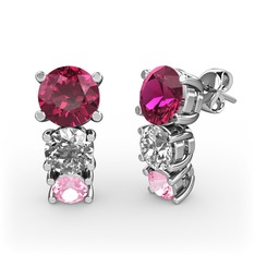 Scala Küpe - Rodolit garnet, swarovski ve pembe kuvars 14 ayar beyaz altın küpe #jxtl57