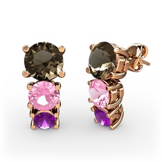 Dumanlı kuvars, pembe kuvars ve ametist 14 ayar rose altın küpe