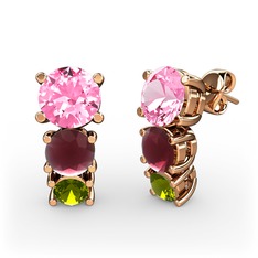 Pembe kuvars, kök yakut ve peridot 14 ayar rose altın küpe