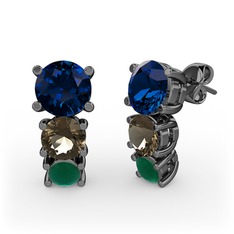 Scala Küpe - Lab safir, dumanlı kuvars ve kök zümrüt 925 ayar siyah rodyum kaplama gümüş küpe #k6fm8a