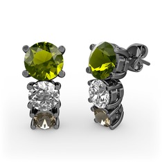 Peridot, pırlanta ve dumanlı kuvars 925 ayar siyah rodyum kaplama gümüş küpe (0.48 karat)