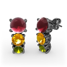 Kök yakut, sitrin ve peridot 925 ayar siyah rodyum kaplama gümüş küpe