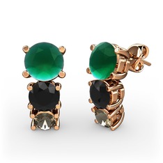 Kök zümrüt, siyah zirkon ve dumanlı kuvars 18 ayar rose altın küpe