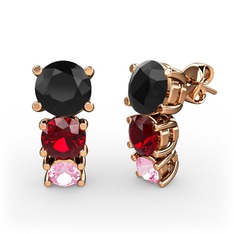 Siyah zirkon, garnet ve pembe kuvars 18 ayar rose altın küpe