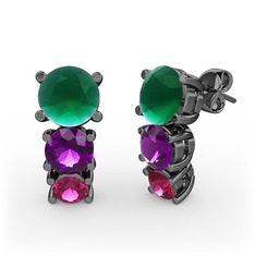 Kök zümrüt, ametist ve rodolit garnet 925 ayar siyah rodyum kaplama gümüş küpe