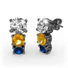 Scala Küpe - Beyaz zirkon, sitrin ve lab safir 925 ayar siyah rodyum kaplama gümüş küpe #mayknk